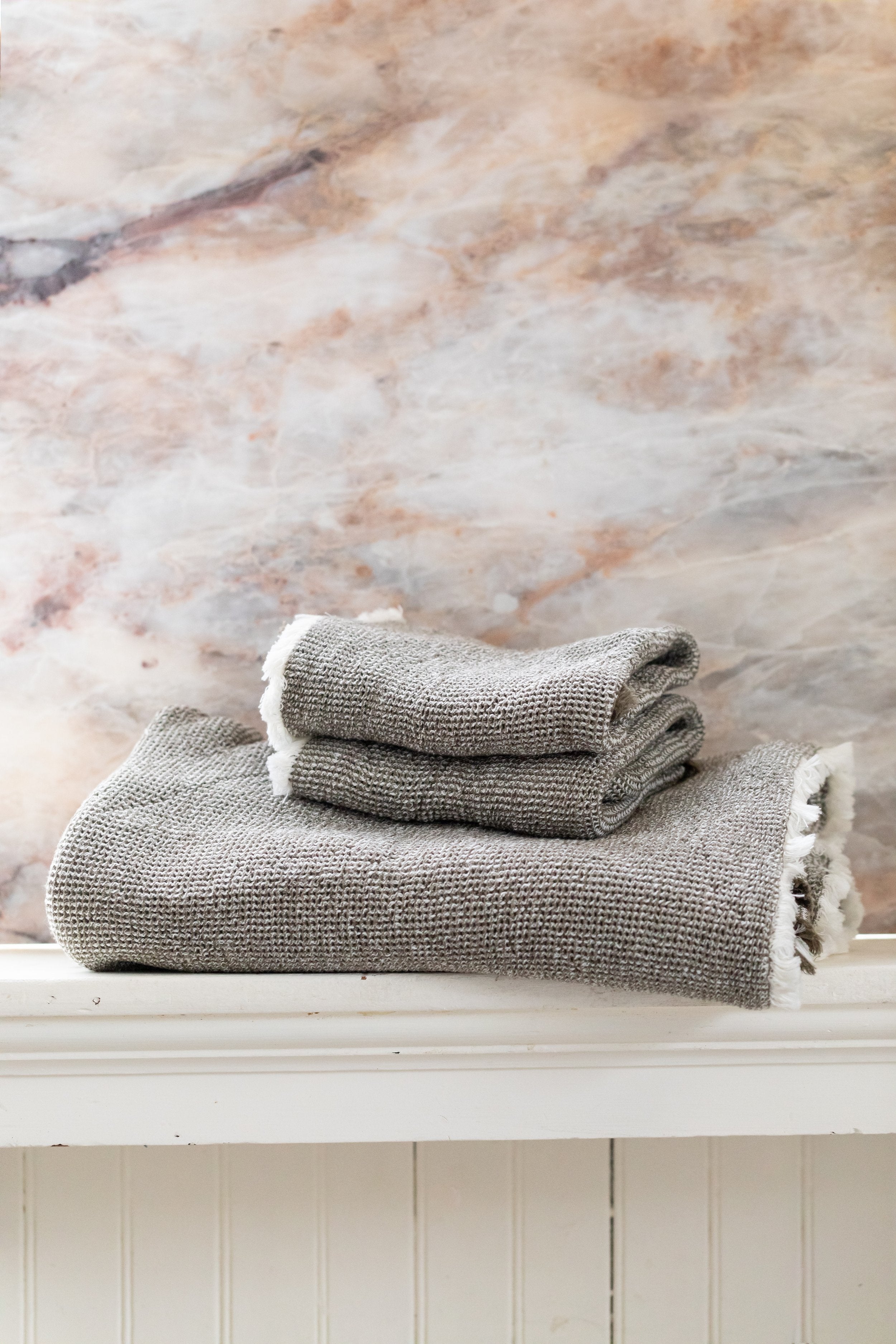Fringed Waffle Towel Natural | Olive Green Bath Towels | French