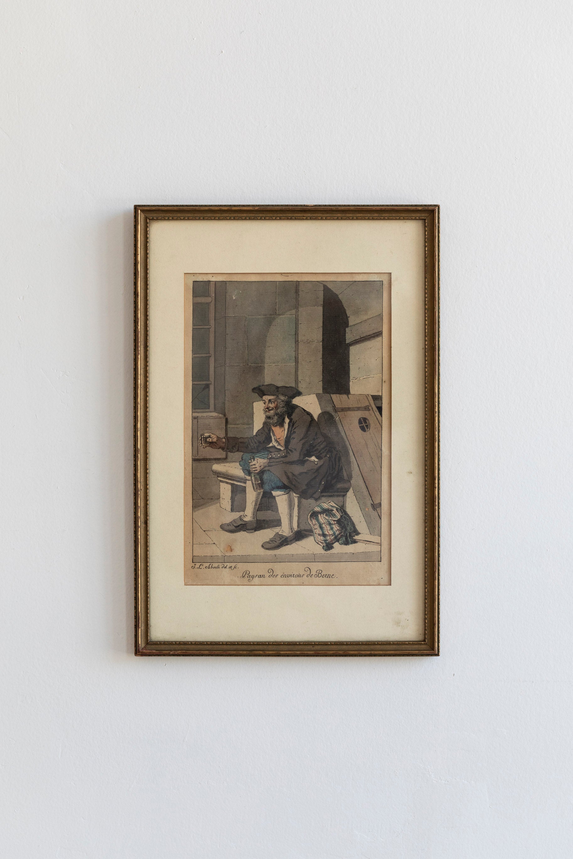 Antique Hand-Colored Engraving Artwork - Sitting