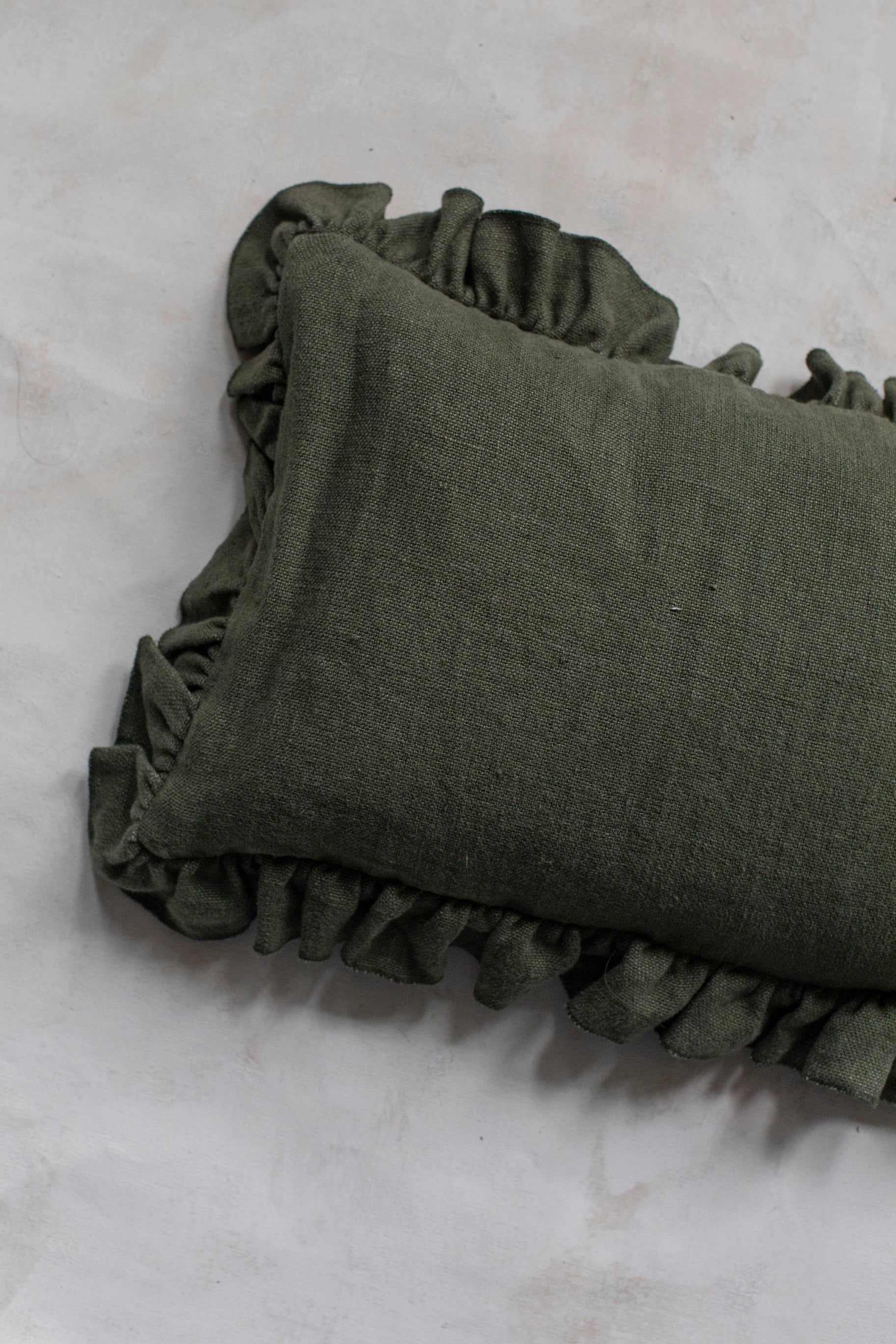 Anika Solid Olive Lumbar Pillow with Ruffle