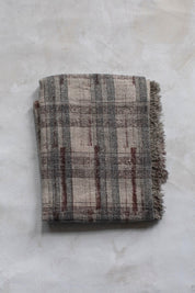 Hoppe Shoppe vintage linen throw blanket in purple and grey plaid with hand block-printed details and frayed edges.