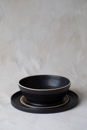 Modular Stoneware Pedestal Stand and Serving Bowl Set in Black