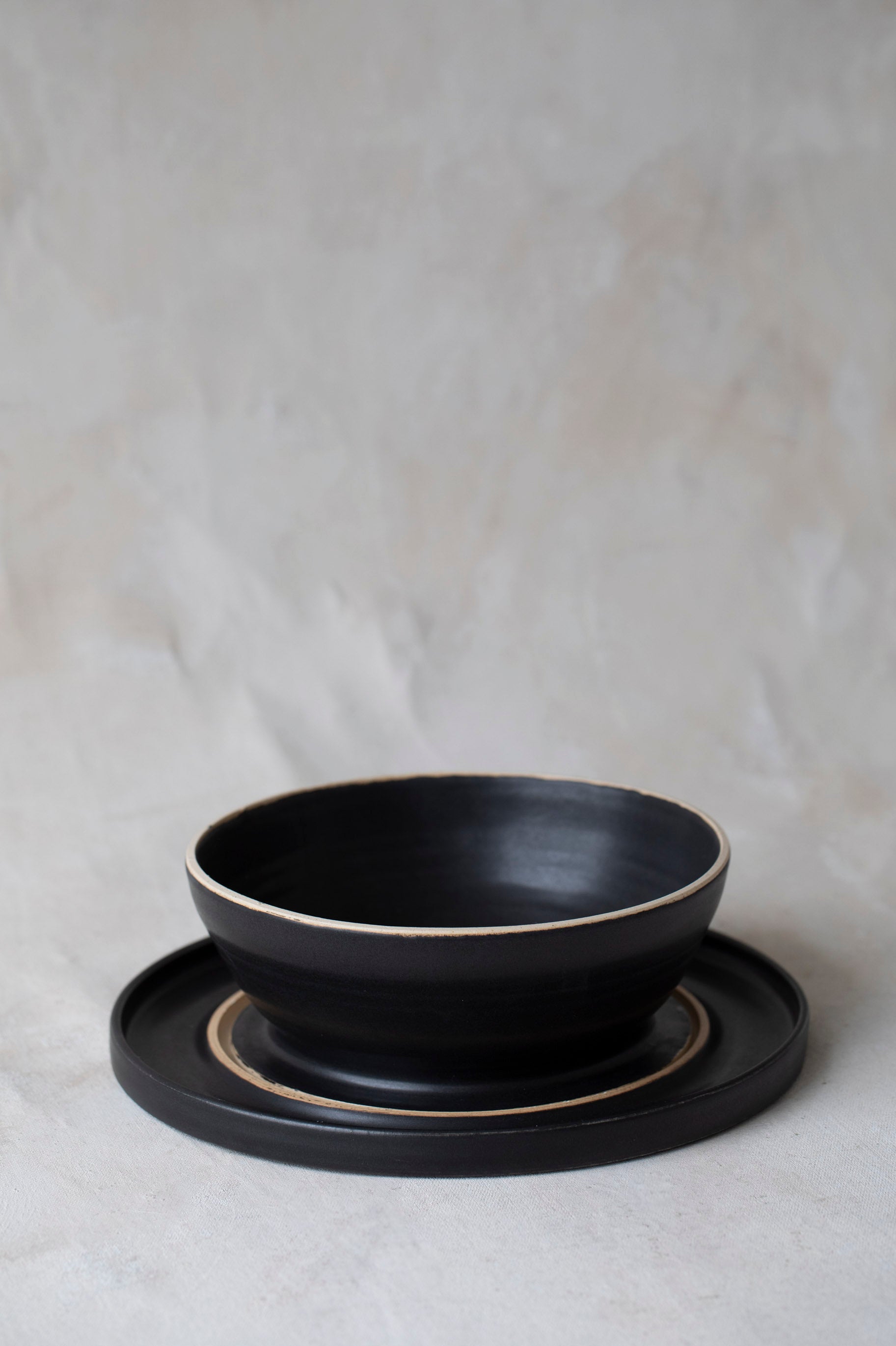 Modular Stoneware Pedestal Stand and Serving Bowl Set in Black