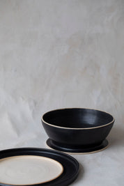 Modular Stoneware Pedestal Stand and Serving Bowl Set in Black