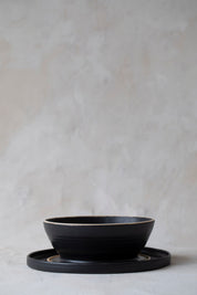 Modular Stoneware Pedestal Stand and Serving Bowl Set in Black