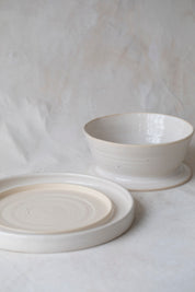 Modular Stoneware Pedestal Stand and Serving Bowl Set in White