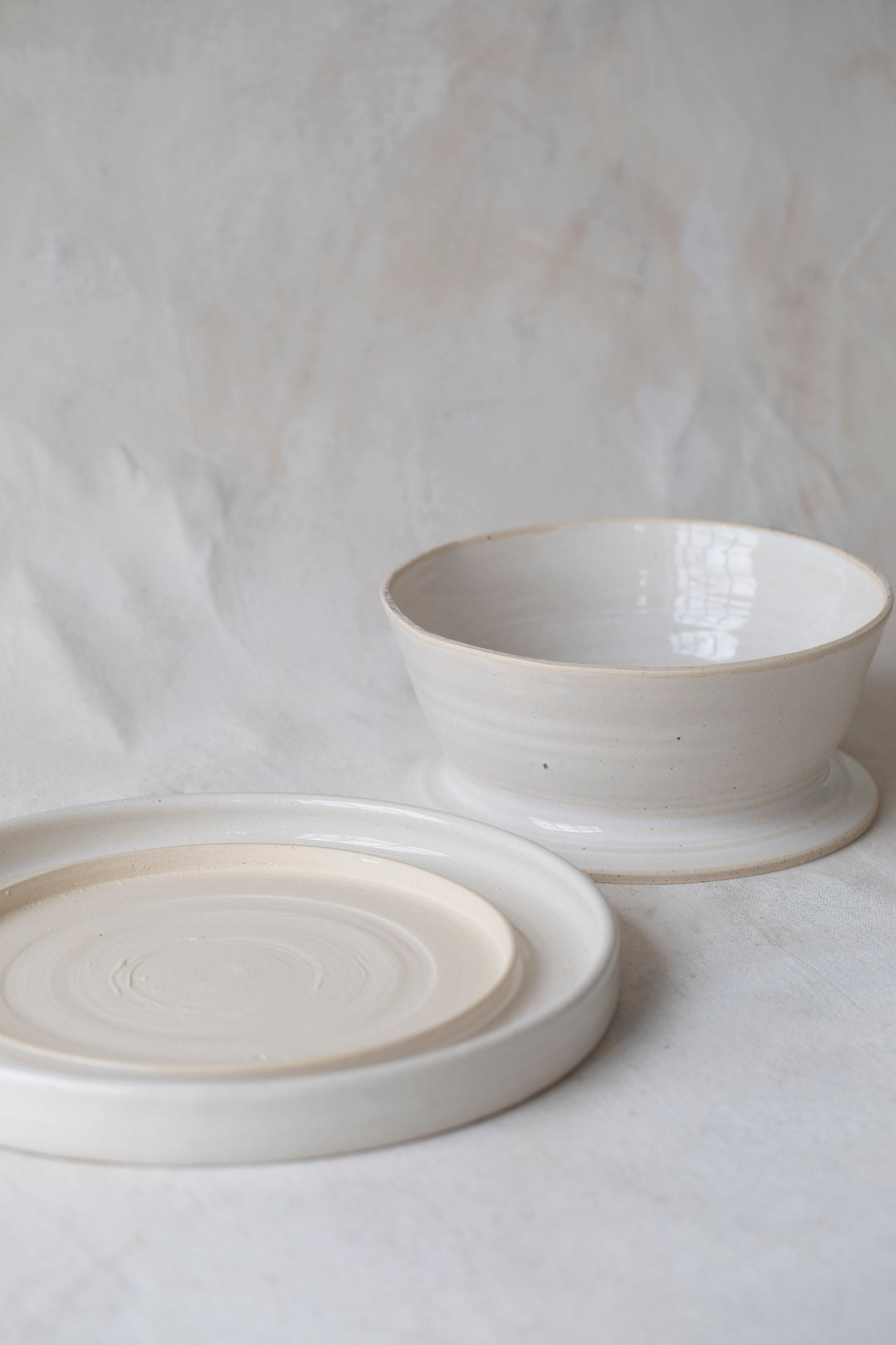 Modular Stoneware Pedestal Stand and Serving Bowl Set in White