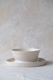Modular Stoneware Pedestal Stand and Serving Bowl Set in White