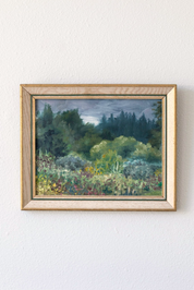 Hoppe Shoppe vintage landscape painting by JP Larson featuring a moody garden scene in a wood frame on a white wall.