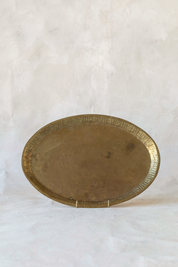 Hoppe Shoppe vintage large oval brass tray with a textured basketweave rim and warm aged patina finish.