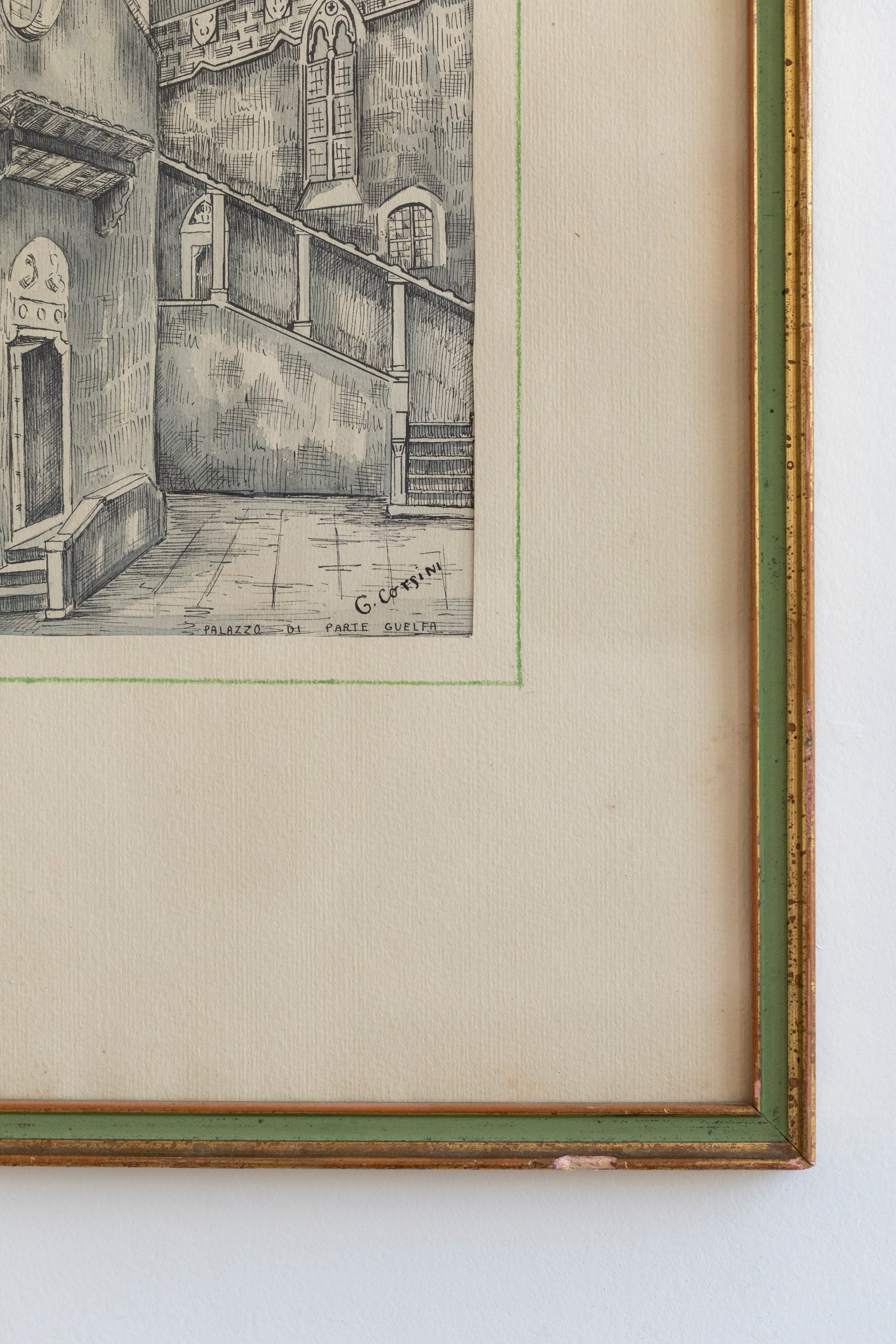 Vintage Framed Ink Etching, Palazzo di Parte Guelfa