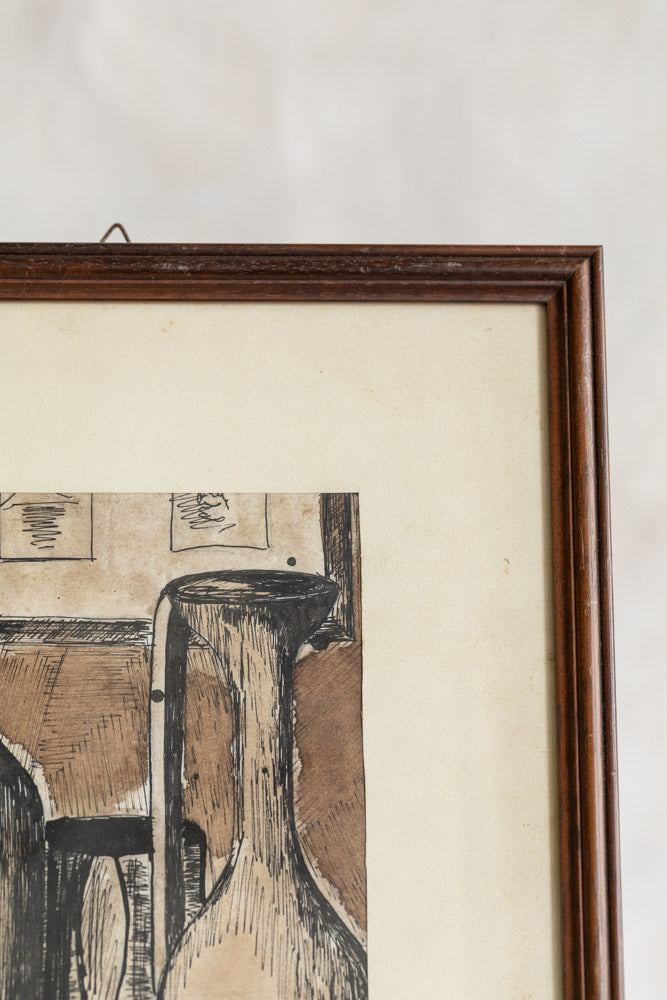 Vintage Framed Bottles Ink Drawing