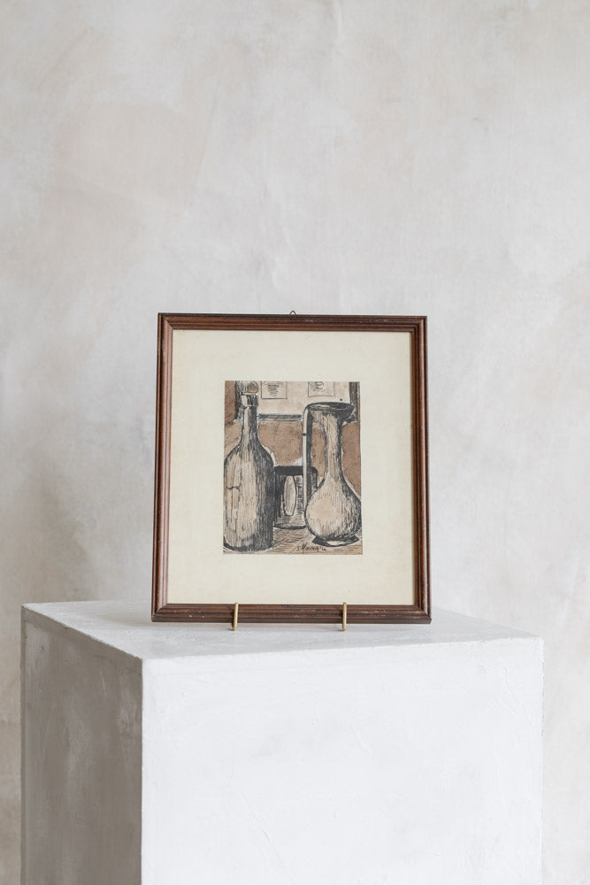 Vintage Framed Bottles Ink Drawing