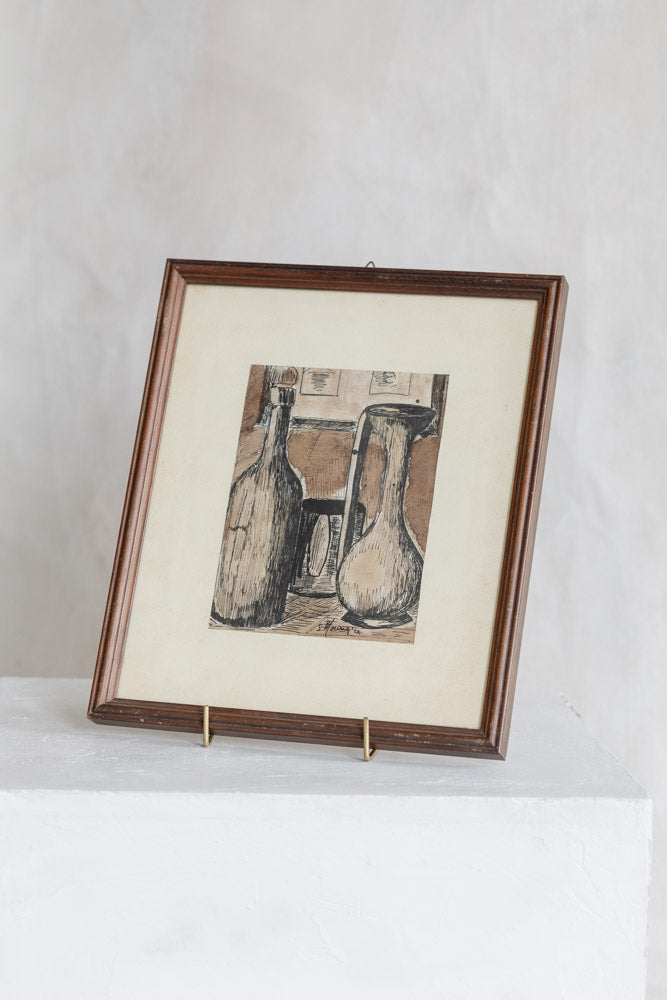 Vintage Framed Bottles Ink Drawing