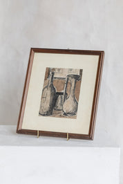 Vintage Framed Bottles Ink Drawing