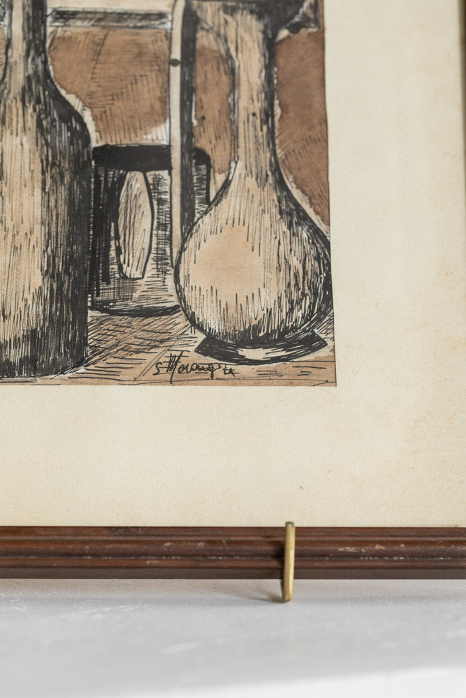 Vintage Framed Bottles Ink Drawing