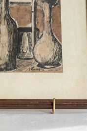 Vintage Framed Bottles Ink Drawing